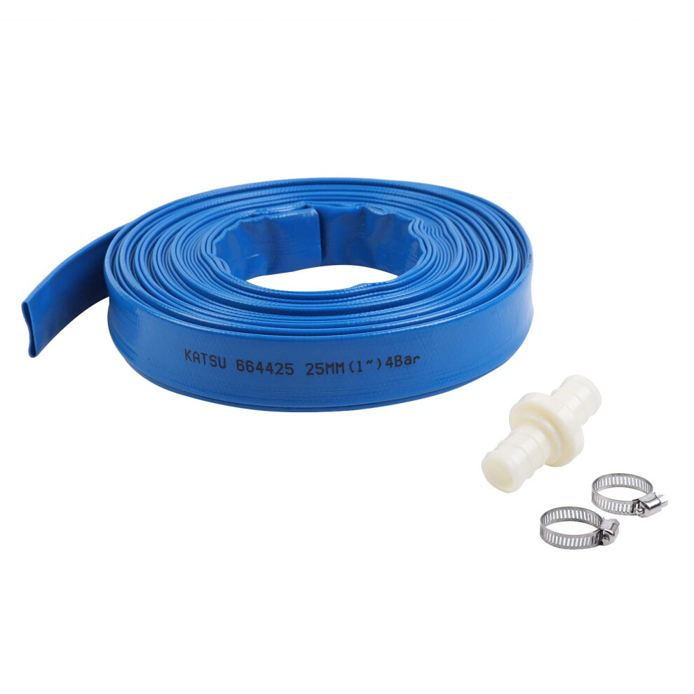 Katsu Layflat Discharge Hose Pipe 20M X 25Mm 1-Inch Diameter With 2 Clips And Quick Coupler Connector, Fits Submersible & Other Water Pumps For 5051224476558