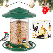 iBorn Metal Bird Feeder for Outside Hanging,Wild Bird Feeders for Cardinal,18cm Large Roof&Tray Green 6 Port (Seed is not Included)