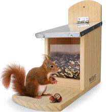 Squirrel Feeder With Metal Roof - Natural Wood, Extra Long Feeding Platform for Red Squirrels - Hanging Feeding Station for Garden