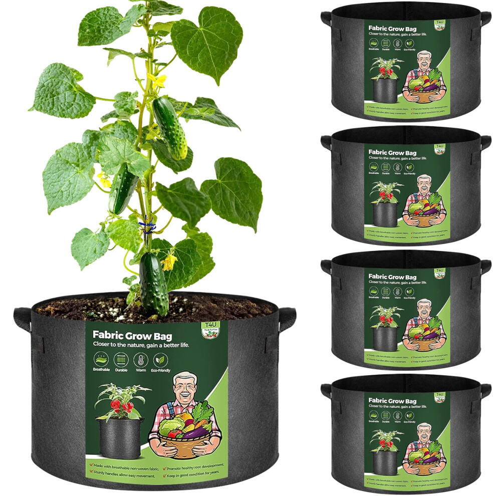 15 Gallon Plant Grow Bags With Handle Pack Of 5, Large Fabric Pots Growing Bag, Heavy Duty Nonwoven Planter, Thickened Breathable Growbag For T4u