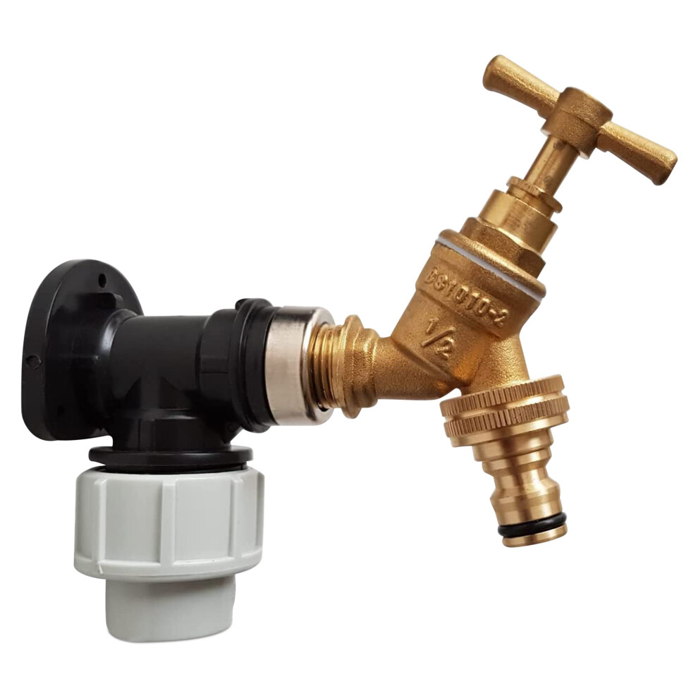 20Mm Mdpe Wall Flange Kit ? Wall Plate Elbow ? Brass Garden Tap With Click-Lock Hose Fitting And Ptfe Tape ? Easy To Install Hose Connector For 5051224483167