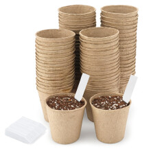 KINGLAKE Biodegradable Small Plant Pots Fibre Seedling Pots, 8cm 100Pcs Compostable Flower Seed Pots for Planting Vegetables, Fruits, Herbs with 100