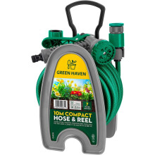 Green Haven Garden Hose Pipe Reel ? 10m / 32ft Lightweight Compact Hosepipe with 7-Pattern Spray Nozzle Gun, Easy Wind Mini Hose Reel for Small