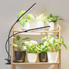 Aumtrly Grow Lights for Indoor Plants, 2 Head LED Full Spectrum Clip Grow Lamp with 6/12/16H Timer, 3 Light Mode, 5 Dimming, Black Gooseneck Plant
