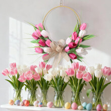 Műtulipán koszorú 39 cm-es lenvászon masnival