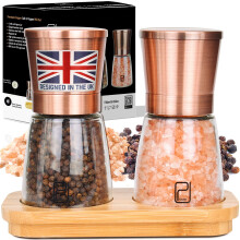 Premium Salt and Pepper Grinder Set w/Bamboo Holder - 6 oz, Copper Stainless Steel - S&P Spice Shakers - Refillable & Adjustable Coarseness Hand Mill