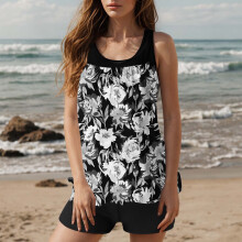 Dames badpakset met hoge taille, bestaande uit een bedrukt, losvallend topje en een nauwsluitende pasvorm, perfect voor de zomervakantie of als