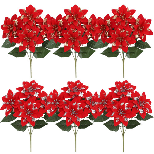 Künstliche Weihnachtssternblumen aus rotem Samt, 6er-Pack