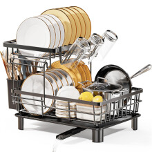 LIONONLY 2 Tier Dish Drainer Rack with Drip Tray, Detachable Dish drying Rack with Swivel Drainage Spout, Utensil & Cup Holder,Dish Rack for Kitchen