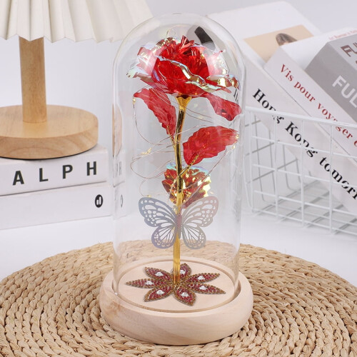Lámpara de cúpula de cristal Rosa Encantada con base de mariposa