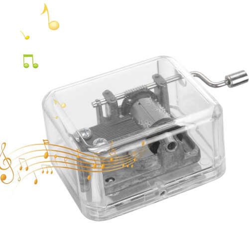 Caixa de música com manivela – Acrílico transparente com engrenagens prateadas.