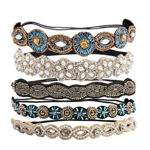 Conjunto de 5 faixas de cabelo com cristais, elásticas e com strass.
