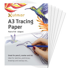Xulmar Tracing Paper A3 63 GSM - Pack of 50 Sheets Tracing Paper for Sewing Patterns, Drawing Overlays & Sketching on Art Paper & Sketch Book