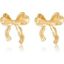 Gold Plated Bow Stud Earrings with Rhinestones and Pearl