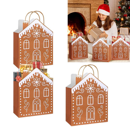 Julklappspåsar med pepparkakshus och handtag, 24 st 2