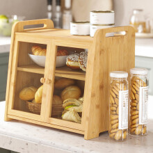 AMBIRD Bamboo Bread Bin 20L - Large Capacity with Clear Acrylic Doors - Double Layer Food-Safe Bread Storage, featuring Air Vents and Side Handles -