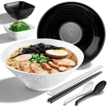 Kyraton Ramen Bowl Set 1200ml with Chopsticks Dipping Bowls and Spoons: 2 Large Unbreakable Japanese Style Plastic Noodle Soup Bowls for Asian Pho