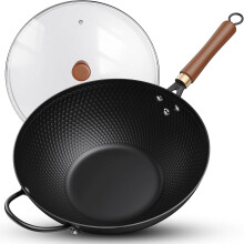Jobin 33 cm/13'' Wok Non Stick with Lid, Carbon Steel Wok Pan with Steel Helper Handle & Large Capacity for Cook Asian Dishes for 4-6 People, Stir