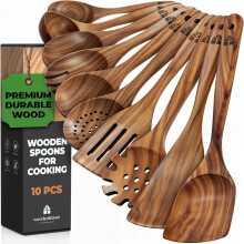 Wooden Utensil Set - 10 Pcs Teak Wooden Spoon Kitchen Utensils Set for Nonstick Pans & Cookware. Non-Scratch, Heat Resistant, Comfortable Grip.