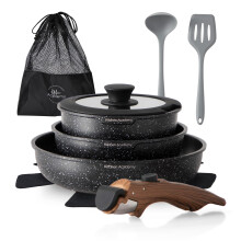 Kitchen Academy Non Stick Cookware Set, 10 Piece Granite-Coated Induction Pots and Pans Set with Detachable Handle, Stackable RV Cooking Set for