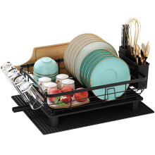 MAJALiS Dish Drainer Rack with Drip Tray, Dish Drainer with 360? Swivel Spout and Drainer Mat, Stainless Steel Dish Rack with Cup Holder and Cutting