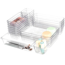 Hikrxya 25 Pack Clear Plastic Drawer Organisers Set, 4 Size Versatile Bedroom and Vanity Drawer Organizer Trays, Kitchen Plastic Storage Divider Bins
