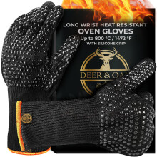 Deer & Oak Long Wrist Heat Resistant Non Slip Oven Mitts - Up to 800?C / 1472?F Heatproof BBQ Gloves with Silicone Grip, Oven Gloves for Grilling,