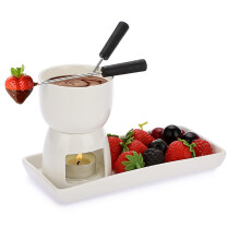 BSTKEY Ceramic Mini Chocolate Cheese Fondue Pot Set, 150ml White Tea Light Candle Warmer Fondue Set with 2 Forks and 1 Rectangle Dish for Ice Cream