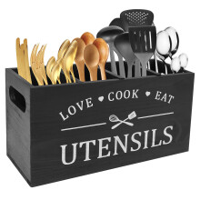 Kitchen Utensils Holder, Kitchen Cooking Utensil Organizer with 4 Compartment and Drainage Bottom, Farmhouse Utensil Organiser Cutlery Caddy , Wooden