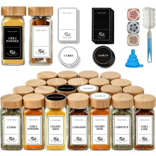 Square Spice Jars Set of 24 with Bamboo Lids, Shaker Inserts, Pre-Printed English Labels, Black and White Stickers (180 Spice Names), Silicone Funnel,