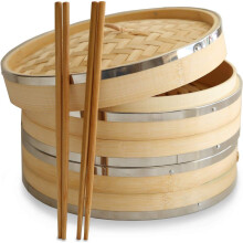 10 Inch (25.4cm) Premium Organic Bamboo Steamer by Harcas. Large 2 Tiers with Lid. Strong, Durable. Best for Dim Sum, Vegetables, Meat and Fish. Hand