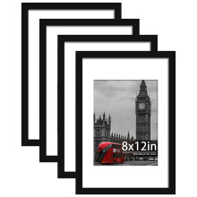 Tinkeps 4 Pack 12x8 Black Picture Frame, Engineered Wood and Plexiglass, 8x12 Photo Frame with Mount for 6x8 inch Prints, Photos, and Posters,
