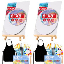 Date Night Painting Kit, 62 Pcs Detail Paint Brushes Canvas Panels with Wood Easel 12 Colors Acrylic Paint, Circular Canvas Art Aprons Sip and Paint