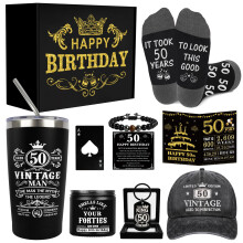 Amosking 50th Birthday Gifts for Men - Unique Birthday Box with 20 Oz Tumbler, Scented Candle, Socks, Baseball Cap, Keychain, Bracelets and Bottle