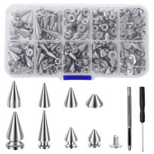 Deuson 359Pcs Punk Spikes and Studs Kit Zinc Alloy Silver Cone Spike and Stud Rivet Kit 8 Size Metal Leather Tree Spike Assortment Kit Clothing Stud
