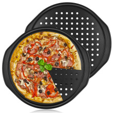 LOLYSIC 2 Pcs 14 Inch Pizza Trays for Oven Non Stick Pizza Pans Round Perforated Pizza Oven Trays Carbon Steel Baking Tray with Handle, Black