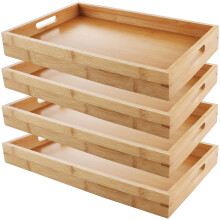 JMIATRY Wooden Tray Set of 4, 15"x10"x1.5" Rectangular Bamboo Trays with Handles, Breakfast Food Tray Nesting Tary for Eating, Serving Trays for