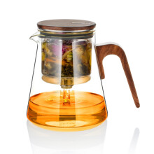 ZENS Magnetic Glass Teapot with Infuser, Magic Loose Leaf Teapot with Magnetic Suction Lid for Mess-Free Herbal Tea Diffusers, Walnut Wood Handle, Tea
