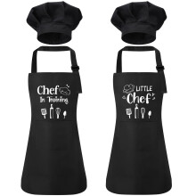 saerryor 2 Pack Kids Chef Apron and Hat,Black Children's Chef Aprons Costume with Prints,Adjustable Aprons for Kids with Pockets for Boys and Girls