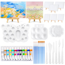 50 Pcs Mini Canvas and Easel Set,Small Canvas Painting Set with 8 Canva for Painting,12 Acrylic Paint,10 Paintbrushe,6 Palette,6 Spatula,Painting