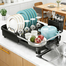 Purkeep Dish Drainer Rack, Expandable Dish Rack, Space Saving Dish Drying Rack for Kitchen Sink Counter, Dish Drainer Rack with Drain Board, Utensil