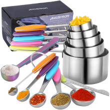 HAUSPROFI Measuring Cups and Spoons Set of 14, Stainless Steel Cup Measurement Set with Measuring Scoop and Clip for Food, Soft Silicone Handle and