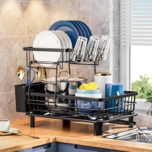 ZDXY 2 Tiers Dish Drying Rack, Space-Saving Dish Racks for Kitchen Counter, Dish Drainer Drying Rack with Drainboard, Utensil Holder Cups Holder and