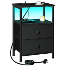 LOAKEKEL Bedside Table with LED Light, Small Side Table with Charging Station, Nightstand with 2 Fabric Drawers and Open Storage Shelf, Bedside