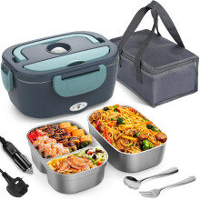 Herrfilk 80W Electric Lunch Box Food Heater, Thermal Heated Lunch Boxes for Adults with Insulated Lunch Bag, 2 x 1.5 L Removable 304 SS Food