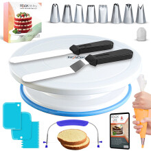 Cake Turntable and Leveler-Rotating Cake Stand with Non Slip Pad-7 Icing Tips and 20 Bags- Straight & Offset Spatula-3 Scraper Set -E Book-Cake