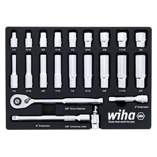 Wiha 22 Piece 3/8? Drive Standard and Deep Socket Tray Set