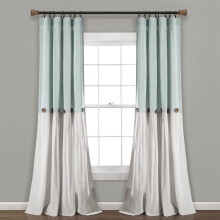 Lush Decor Linen Button Window Curtain Panel, Single, 40" W x 108" L, Blue & White - Country Curtains - Rustic Decor - Color Block Modern Farmhouse