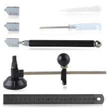 LEONTOOL 7 Pcs Glass Cutter Tool Set Includes Adjustable Circular Glass Cutter 2-20 mm Oil Feed Carbide Tip with 3 Bonus Blades Screwdriver Ruler Oil
