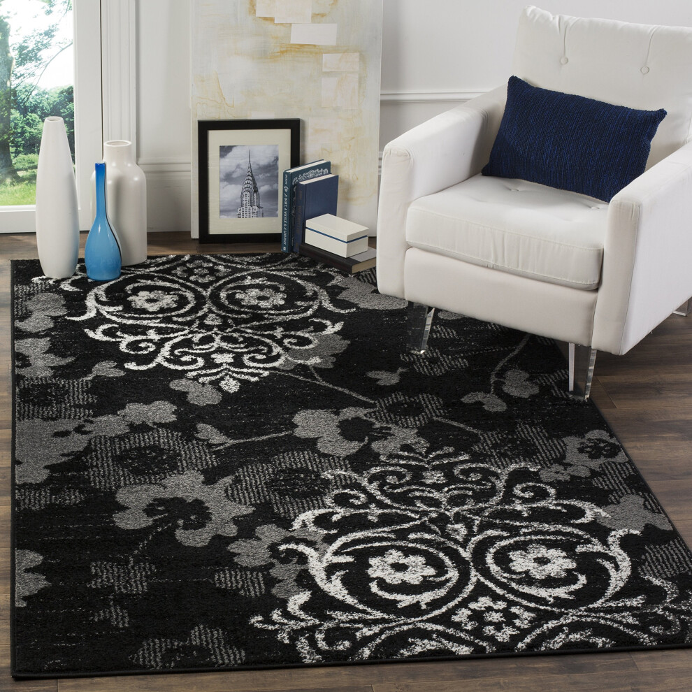Safavieh Floral Glam Damask Indoor Woven Rectangle Area Rug, Adirondack Collection, Adr114, In Black / Silver, 122 X 183 Cm For Living Room, Bedroom